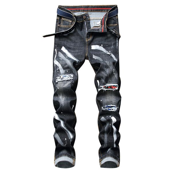 senior 2021 fashion grey blue patched jeans with holes men's elastic feet european and american stitching printing slim casual
senior 2021 fashion grey blue patched jeans with holes men's elastic feet european and american stitching printing slim casual