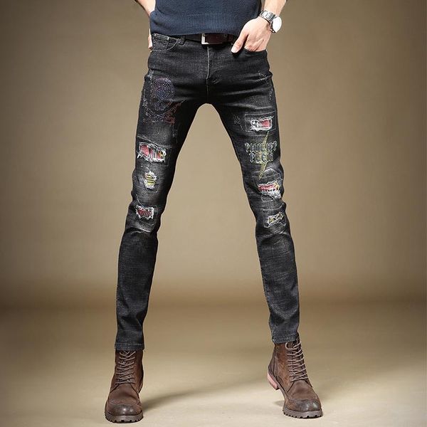 men black ripped patch jeans fashion rhinestones straight pants slim fit streetwear printed embroidery denim trousers, Blue
men black ripped patch jeans fashion rhinestones straight pants slim fit streetwear printed embroidery denim trousers, Blue