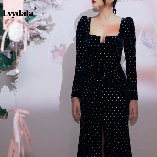 lvydala women's spring autumn runway fashion long sleeve square collar black diamond velvet sheath party dress, Black;gray
lvydala women's spring autumn runway fashion long sleeve square collar black diamond velvet sheath party dress, Black;gray