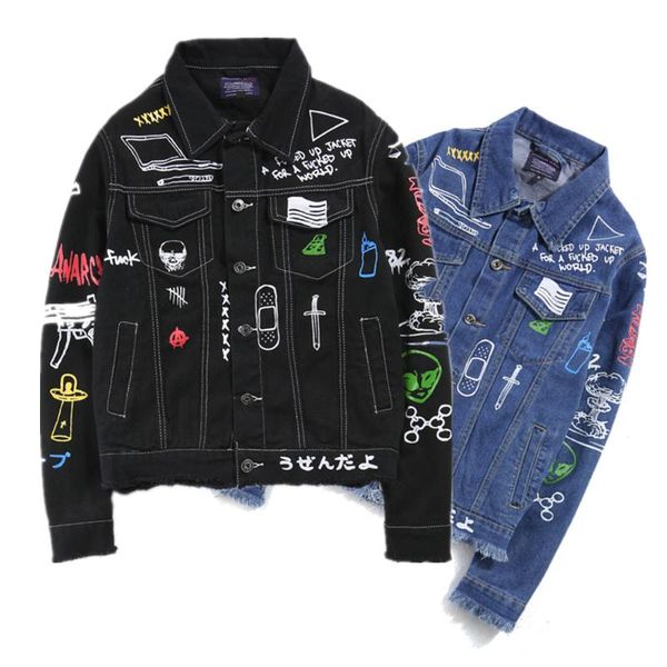 men's jackets denim jeans jacket for men casual print black mens frayed punk designs holes coats streetwear fashion man scrawl, Black;brown
men's jackets denim jeans jacket for men casual print black mens frayed punk designs holes coats streetwear fashion man scrawl, Black;brown