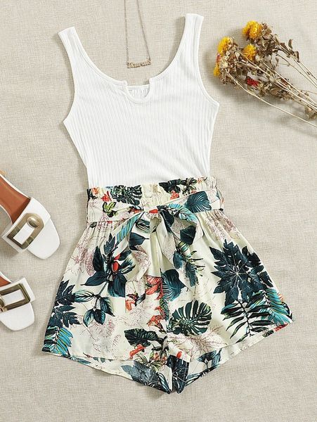 tropical print tie front romper r8ys#, White
tropical print tie front romper r8ys#, White