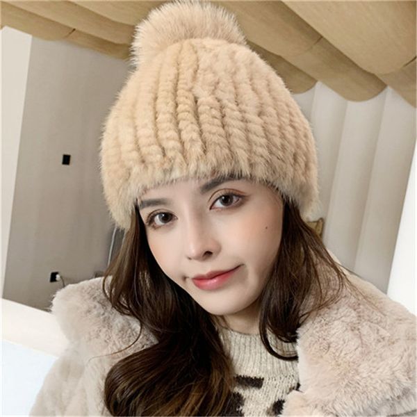 womens real mink fur hat knitted beanie earmuffs w real fox fur ball cap gift, Blue;gray 
womens real mink fur hat knitted beanie earmuffs w real fox fur ball cap gift, Blue;gray