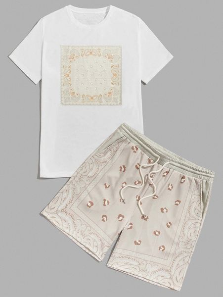 men paisley print tee & drawstring waist shorts set 64y6#, Gray
men paisley print tee & drawstring waist shorts set 64y6#, Gray
