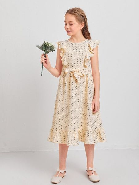 girls ruffle trim self belted polka dot dress she, Red;yellow