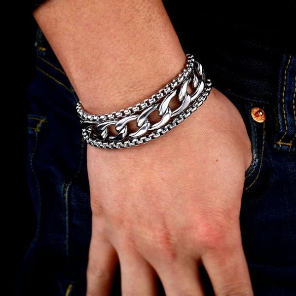 fashion silver color punk hip hop gothic men's double thick bracelet simple male charm jewelry party gift accessories, Golden;silver
fashion silver color punk hip hop gothic men's double thick bracelet simple male charm jewelry party gift accessories, Golden;silver