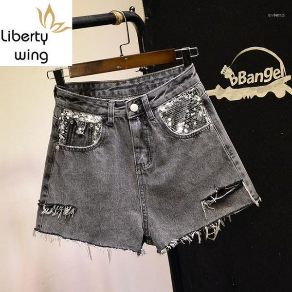 high waist womens sequined hole ripped denim fashion casual new summer night club wear female wide leg shorts11, White;black
high waist womens sequined hole ripped denim fashion casual new summer night club wear female wide leg shorts11, White;black