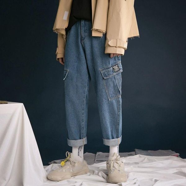 men's jeans korean loose pocket decor stretchy breathable button spring autumn large size washable male cargo pants, Blue
men's jeans korean loose pocket decor stretchy breathable button spring autumn large size washable male cargo pants, Blue