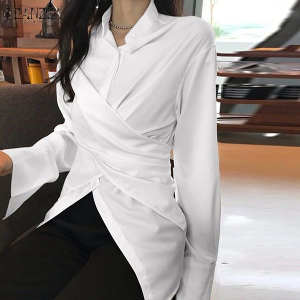 s 5xl 2020 spring irregular shirt women long sleeve tunic zanzea fashion solid stand collar blouse female chemise blusas, White
s 5xl 2020 spring irregular shirt women long sleeve tunic zanzea fashion solid stand collar blouse female chemise blusas, White