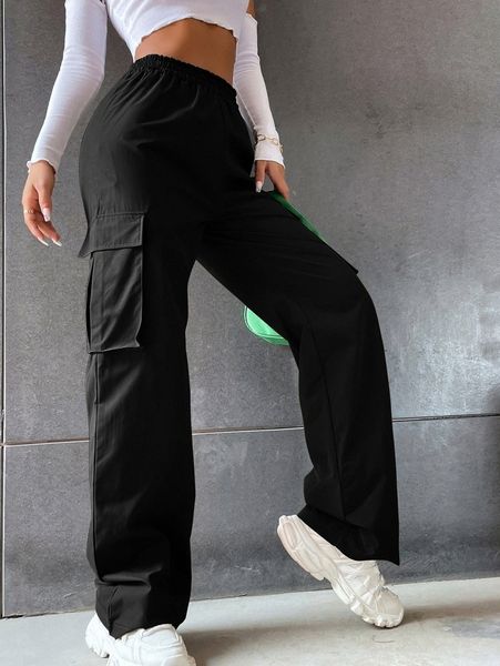 solid high waist flap pocket cargo pants c9cd#, Black;white