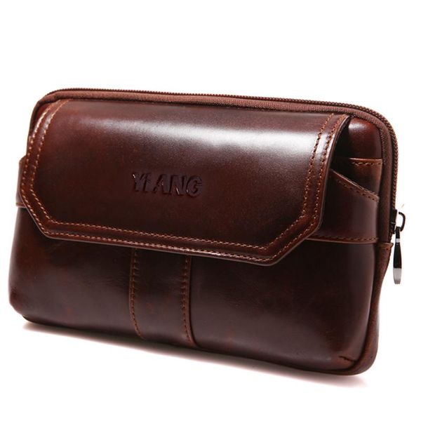 

new yiang brand men oil wax leather cowhide male waist packs phone pouch bags waist bag men's small chest bags 7-inch phone