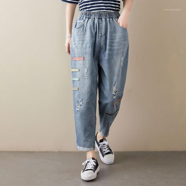 women's jeans summer spring ripped patchwork boyfriend women loose vintage femme elastic waist plus size ladies jean denim harem pants1, Blue 
women's jeans summer spring ripped patchwork boyfriend women loose vintage femme elastic waist plus size ladies jean denim harem pants1, Blue