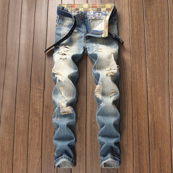 Mens ripped jeans European and American style new youth retro old light- frayed straight trousers, Blue
Mens ripped jeans European and American style new youth retro old light- frayed straight trousers, Blue