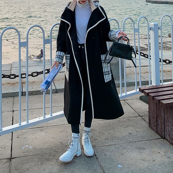 2021 long woolen coat women fashion stitching plaid hooded thick slim loose female college korean new autumn winter 7evk, Black
2021 long woolen coat women fashion stitching plaid hooded thick slim loose female college korean new autumn winter 7evk, Black