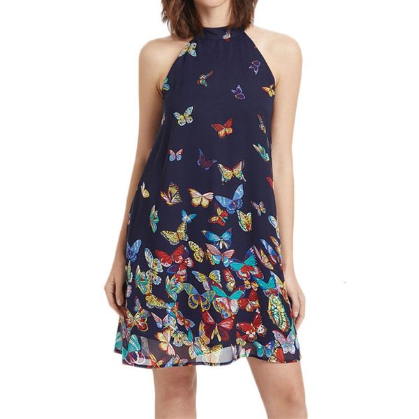 women sleeveless halter neck chiffon butterfly printed summer beach tunic, Black;gray