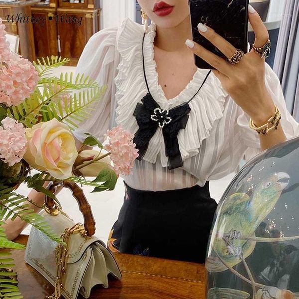 women's blouses & shirts whitney wang 2021 summer fashion streetwear pleated ruffles v-neck bow chiffon blouse women blusas lady shirt, White
women's blouses & shirts whitney wang 2021 summer fashion streetwear pleated ruffles v-neck bow chiffon blouse women blusas lady shirt, White