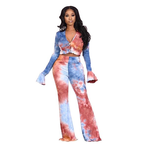 tie dye designer womens two piece pants flared sleeves two piece sets v neck womens set, White
tie dye designer womens two piece pants flared sleeves two piece sets v neck womens set, White