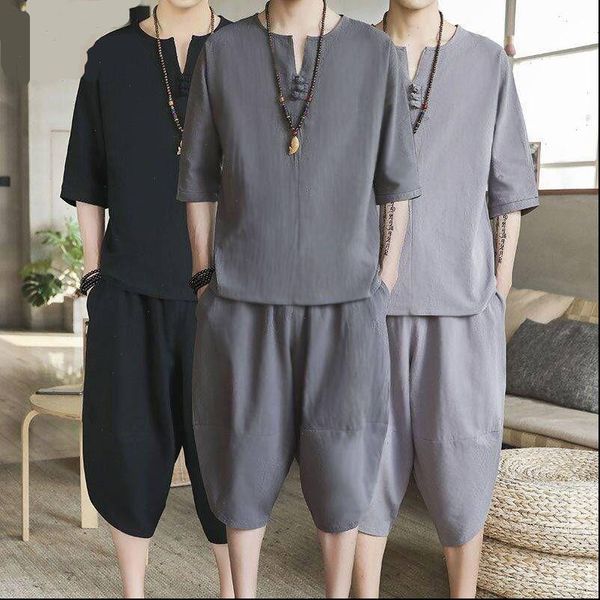 new summer casual half sleeve v neck pullover with knee length pants 2 piece men loose men shorts set male romper, Gray
new summer casual half sleeve v neck pullover with knee length pants 2 piece men loose men shorts set male romper, Gray