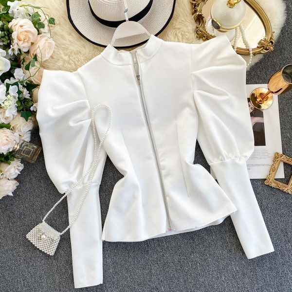 women's retro puff sleeve temperament stand collar zipper before after wearing fashionable wild spring autumn blouse ml638, White
women's retro puff sleeve temperament stand collar zipper before after wearing fashionable wild spring autumn blouse ml638, White