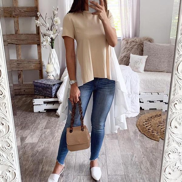fashion short sleeve shirts women irregular hem o-neck ruched blouses summer casual loose patchwork swallowtail sj6526v, White 
fashion short sleeve shirts women irregular hem o-neck ruched blouses summer casual loose patchwork swallowtail sj6526v, White
