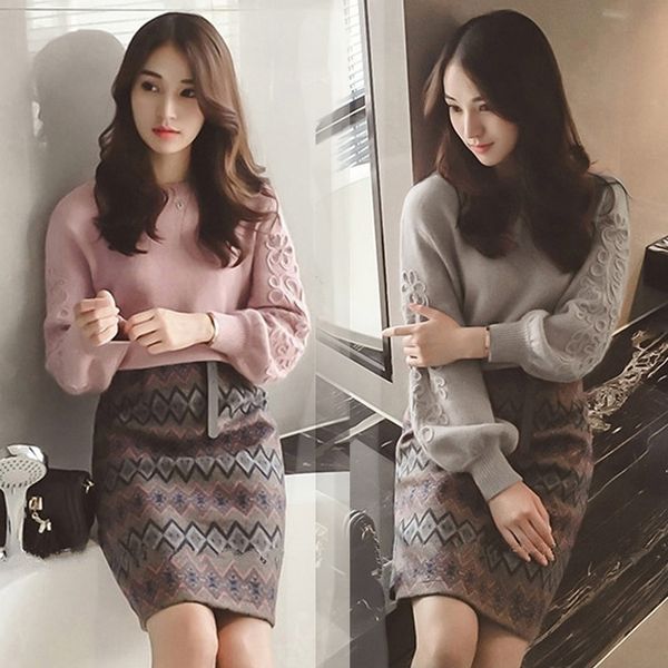nwghp sweater two-piece sweater winter 2020 autumn and women's new fashion woolen fashionable dress graceful hip-wrapped suit dress 8r3, Gray