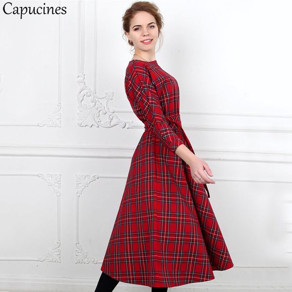 classic england style red plaid dress women autumn 3/4 sleeves o-neck sashes a-line casual dress vintage midi party dresses 201204, Black;pink
classic england style red plaid dress women autumn 3/4 sleeves o-neck sashes a-line casual dress vintage midi party dresses 201204, Black;pink