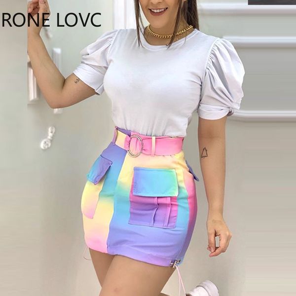 women o-neck puffed sleeve & colorblock pocket design skirt set casual 2 pieces set 201007, White
women o-neck puffed sleeve & colorblock pocket design skirt set casual 2 pieces set 201007, White