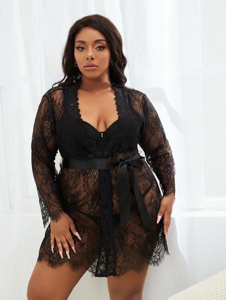 plus floral lace belted robe with thong n2yi#, Black;white 
plus floral lace belted robe with thong n2yi#, Black;white
