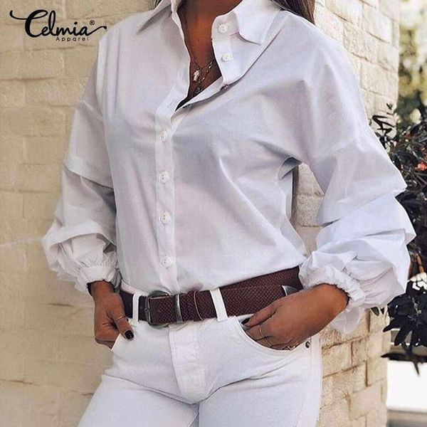 women 2020 fashion celmia autumn lantern sleeve ruffles blouse casual loose lapel shirt solid elegant blusas plus size, White
women 2020 fashion celmia autumn lantern sleeve ruffles blouse casual loose lapel shirt solid elegant blusas plus size, White