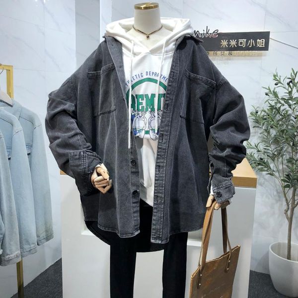 women's jackets korean version of the handsome lapel denim jacket female 2021 autumn gray loose lazy student couple shirt fashion top, Black;brown
women's jackets korean version of the handsome lapel denim jacket female 2021 autumn gray loose lazy student couple shirt fashion top, Black;brown