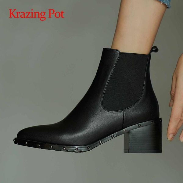 krazing pot vintage genuine leather stretch patchwork pointed toe thick high heels slip on pretty girls modern ankle boots l01, Black
krazing pot vintage genuine leather stretch patchwork pointed toe thick high heels slip on pretty girls modern ankle boots l01, Black