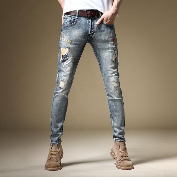 men's jeans men light blue stretch ripped embroidery straight pants hip hop streetwear cotton slim fit denim trousers
men's jeans men light blue stretch ripped embroidery straight pants hip hop streetwear cotton slim fit denim trousers