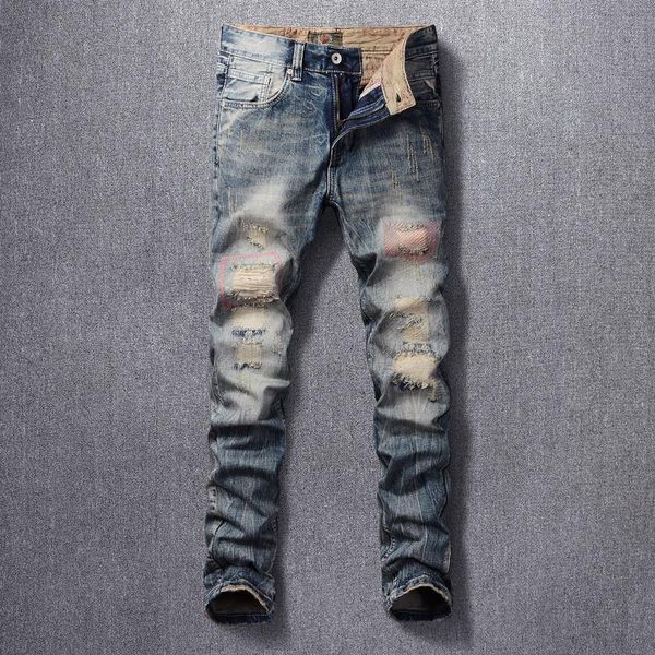 men's jeans ly designer fashion men slim fit retro ripped denim pants embroidery patchwork streetwear hip hop trousers, Blue
men's jeans ly designer fashion men slim fit retro ripped denim pants embroidery patchwork streetwear hip hop trousers, Blue