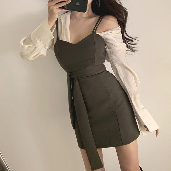 two piece dress spaghetti strap v neck bodycon mini summer party black korean short green formal women elegant silk shirt, Black;gray
two piece dress spaghetti strap v neck bodycon mini summer party black korean short green formal women elegant silk shirt, Black;gray