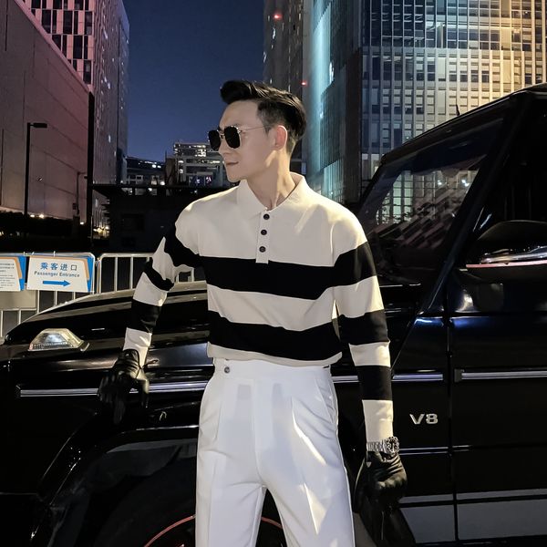 daio ethan korean design autumn winter lapel sweater plaid knitted polo shirt with slim bottom
daio ethan korean design autumn winter lapel sweater plaid knitted polo shirt with slim bottom