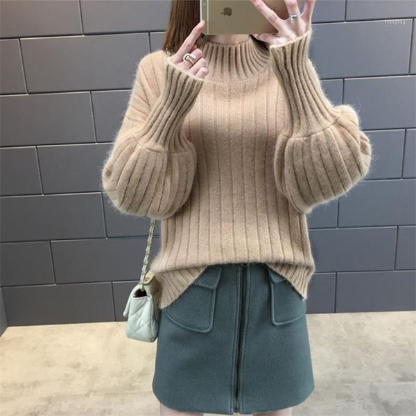 new arrival thick winter half turtleneck knitted women sweater solid color pink lantern sleeve striped pullover loose1, White;black
new arrival thick winter half turtleneck knitted women sweater solid color pink lantern sleeve striped pullover loose1, White;black