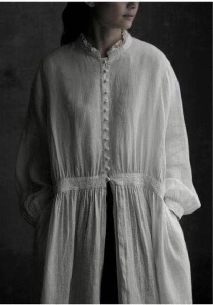 casual dresses japanese style linen lace stand collar long sleeve dress, Black;gray