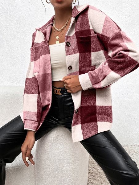drop shoulder plaid overcoat x2iw#, Black