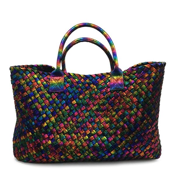 new arrival fashion rainbow weave handbags women large totes woven big shopping bag faux leather shoulder bags purse