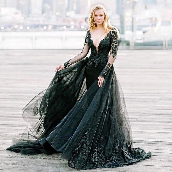 gothic black mermaid wedding dresses long sleeves detachable train deep v-neck appliqued lace formal bridal gowns vintage garden rustic brid, White
gothic black mermaid wedding dresses long sleeves detachable train deep v-neck appliqued lace formal bridal gowns vintage garden rustic brid, White