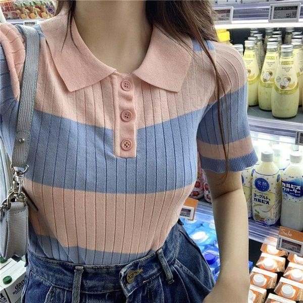 2021 new 2 colours summer short harvest stripe turn down collar thin sleeve t-shirts of women's femme shirt (r98271) p24e, White 
2021 new 2 colours summer short harvest stripe turn down collar thin sleeve t-shirts of women's femme shirt (r98271) p24e, White