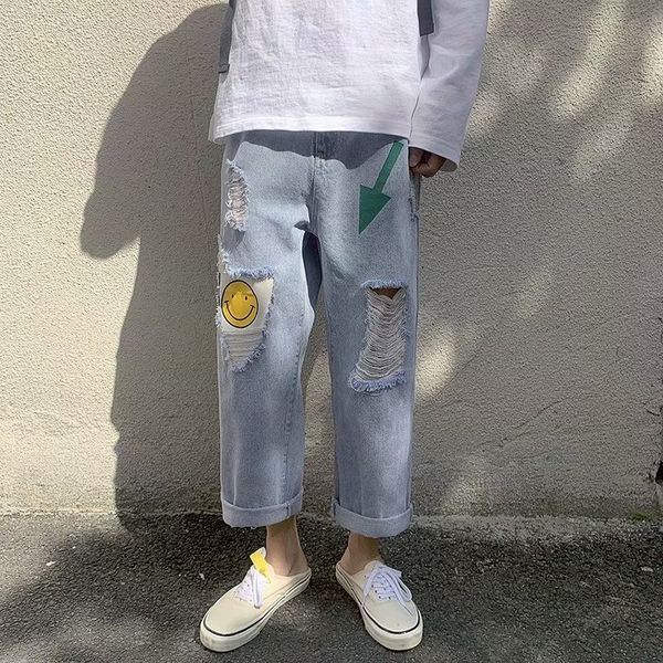summer cracked smiley face women's high waist ins fashion brand loose straight tube fashion tattered wide leg 9-point jeans and jeans b, Blue
summer cracked smiley face women's high waist ins fashion brand loose straight tube fashion tattered wide leg 9-point jeans and jeans b, Blue