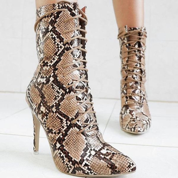 high heels boots women pointed toe pu leather ankle boots female lace up winter shoes leopard ladies shoes 2020, Black