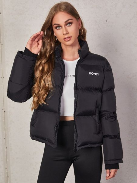 letter graphic slant pockets puffer coat g2t5#, Black
letter graphic slant pockets puffer coat g2t5#, Black