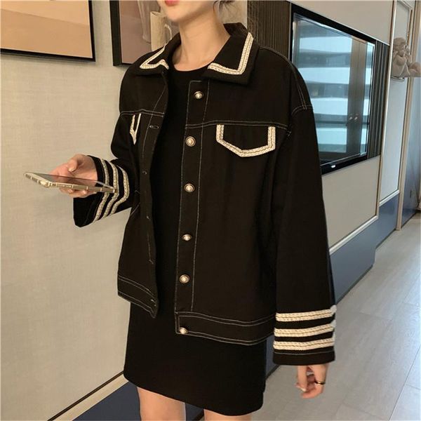 women's jackets 2021 autumn women black denim jacket fashion color striped loose casual coats female vintage jeans outwear tooling, Black;brown
women's jackets 2021 autumn women black denim jacket fashion color striped loose casual coats female vintage jeans outwear tooling, Black;brown