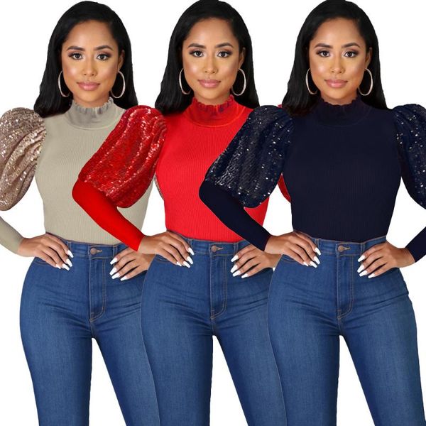 women's t-shirt 2021 european and american sequined solid color lantern sleeve long-sleeved slim fit, White
women's t-shirt 2021 european and american sequined solid color lantern sleeve long-sleeved slim fit, White
