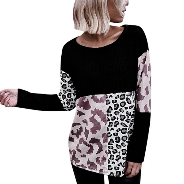 women's fashion round neck stitching printed long sleeve sweater leopard print, White;black 
women's fashion round neck stitching printed long sleeve sweater leopard print, White;black