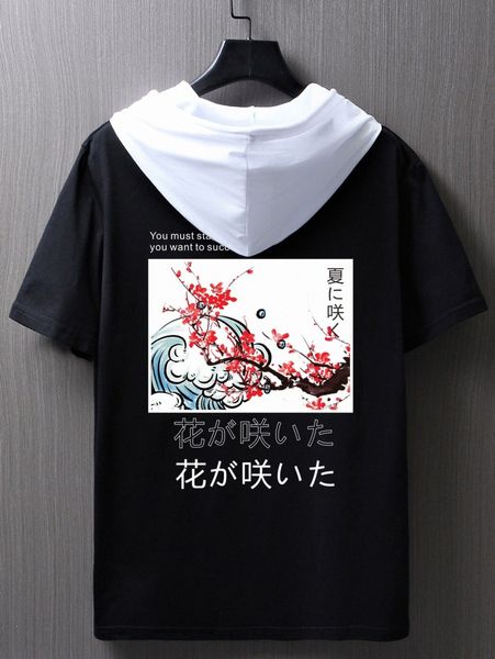 men japanese letter & floral print colorblock drawstring hooded tee 0461#, White;black
men japanese letter & floral print colorblock drawstring hooded tee 0461#, White;black