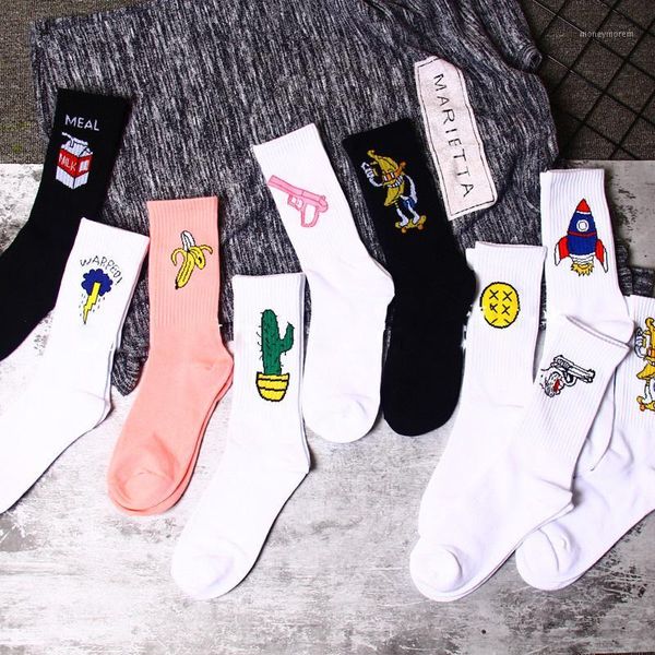 funny spring printed socks cartoon cactus fruit banana smile happy full cotton harajuku skate men's socks1, Black