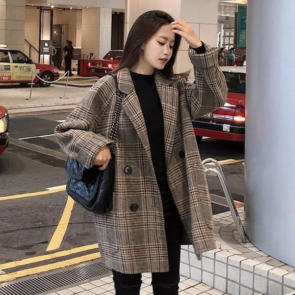 women's wool & blends ladies chic plaid woolen women jacket thick office lady pockets work coat loose double breasted outerwear, Black
women's wool & blends ladies chic plaid woolen women jacket thick office lady pockets work coat loose double breasted outerwear, Black