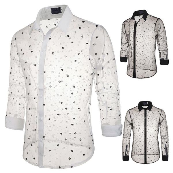 men's stage long sleeve lace lapel transparent style snowflake up shirt men, White;black
men's stage long sleeve lace lapel transparent style snowflake up shirt men, White;black